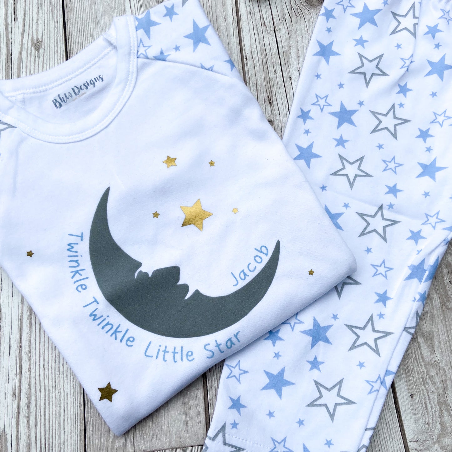 Personalised Blue Children's Moon and stars Pyjamas