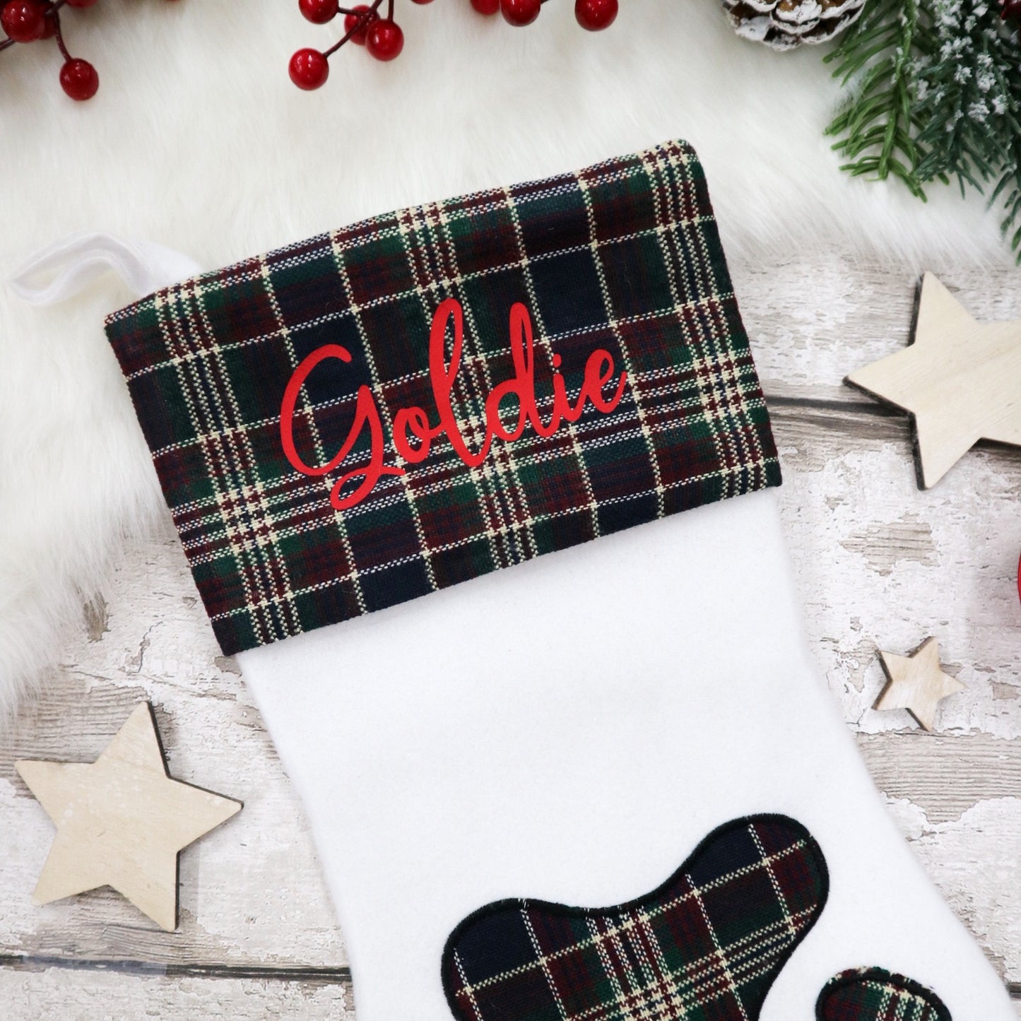 Personalised Pet Paw Christmas Stocking Green Tartan