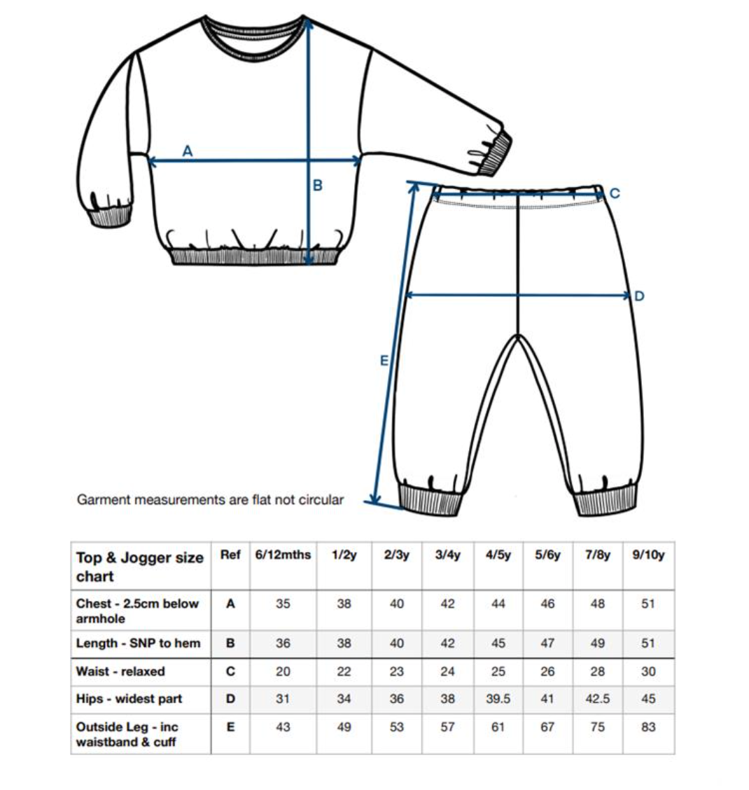 Measurement chart for a top and jogger set with dimensions labeled.