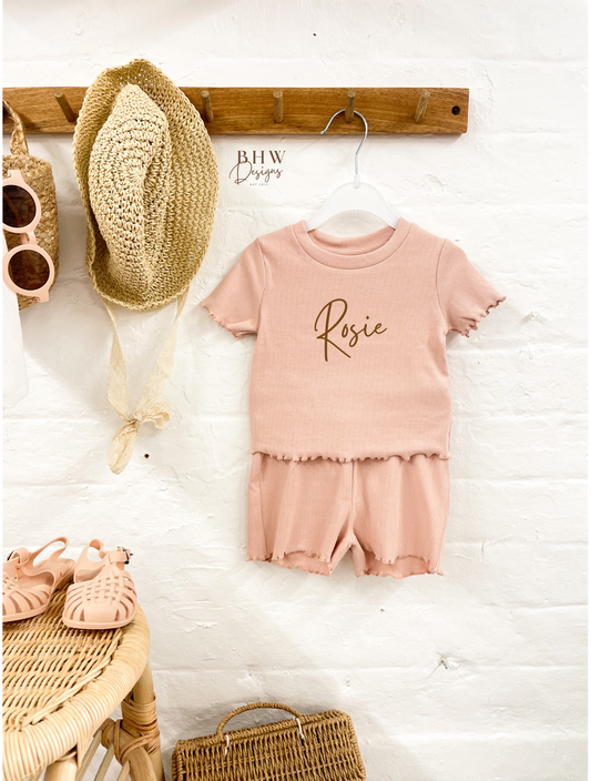Girl's Ribbed T-shirt and Short Set - Blush Pink