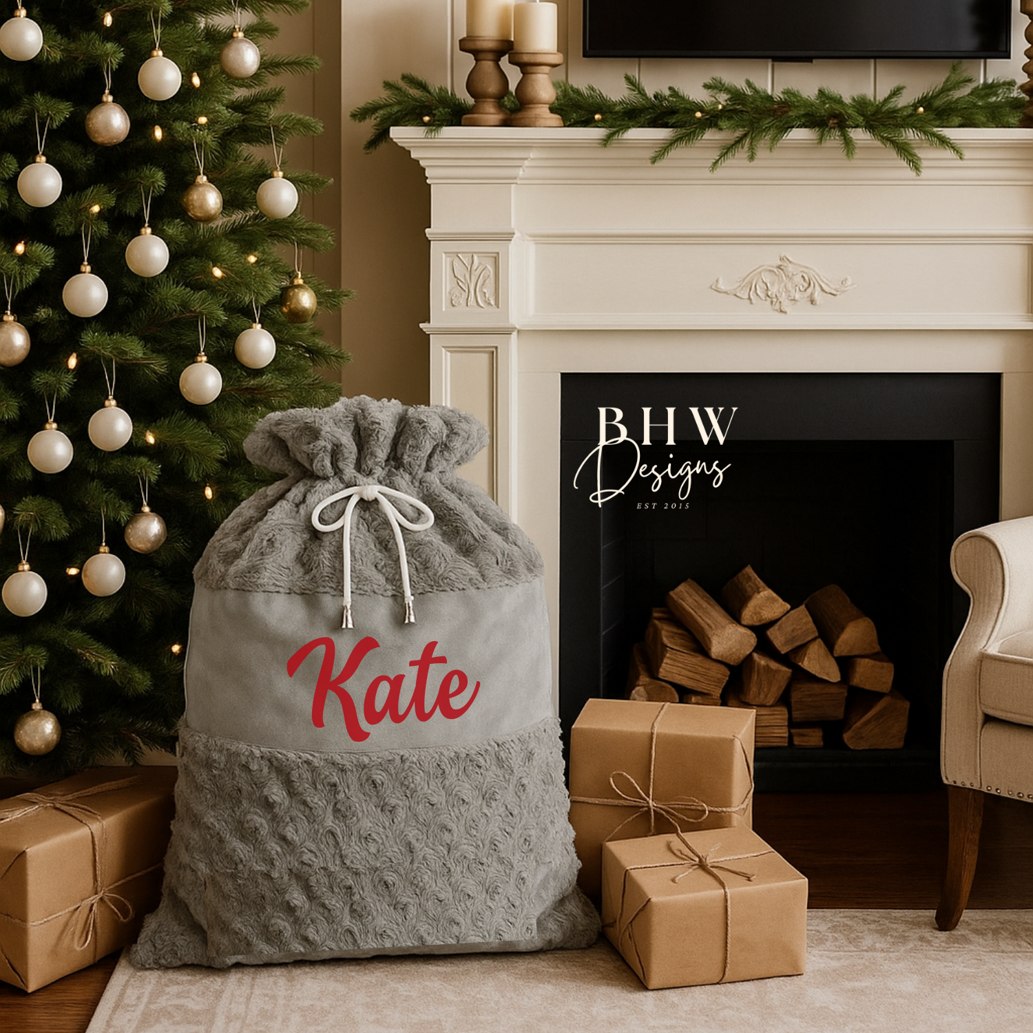 Grey santa sack with 'Kate' written on in red