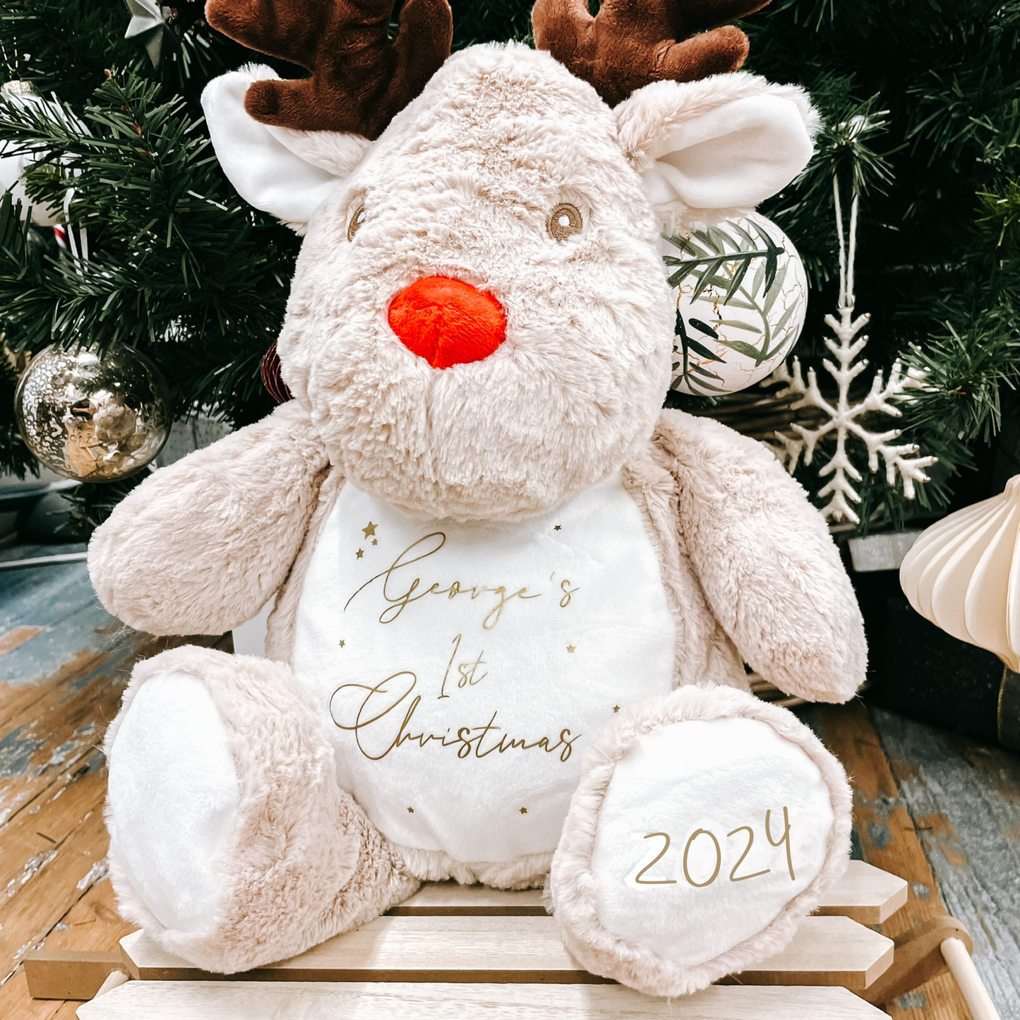 Personalised First Christmas Gold 2025 Reindeer Large Teddy