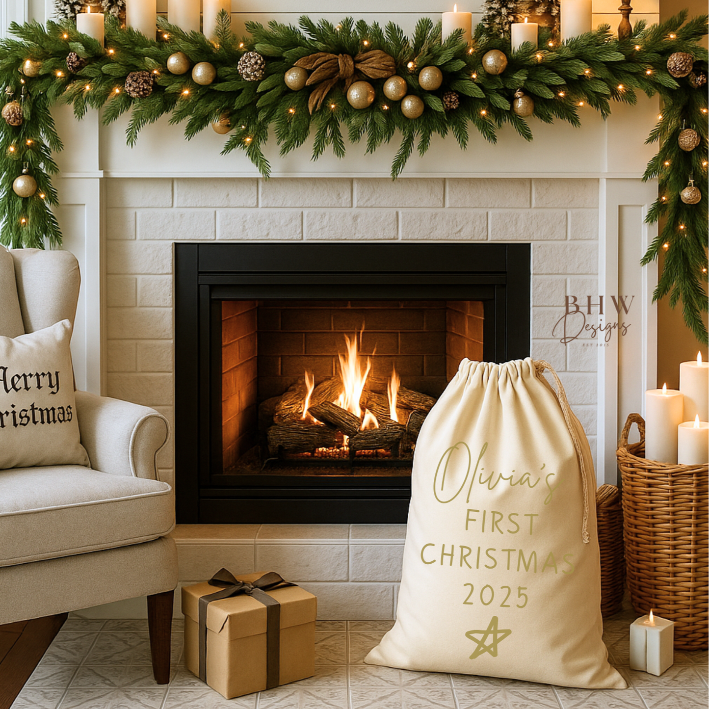 Decorated living room with fireplace, Cotton santa Sack Personalised with a name and my first Christmas 2025 in gold