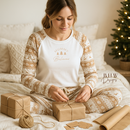 Woman wearing a white and beige pyjama set personalised with name and 'Believe' text, on the front in beige wrapping presents