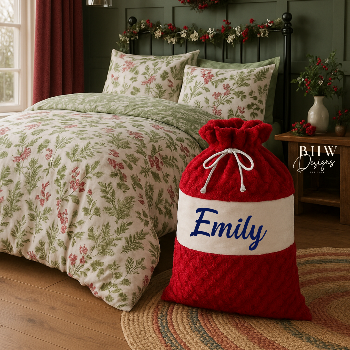 Red santa sack with 'Emily' in Navy