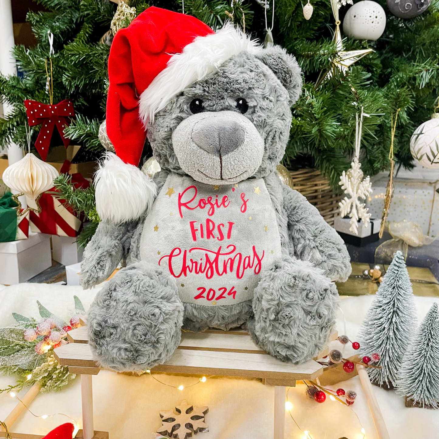 Personalised First Christmas Grey Teddy Soft Toy