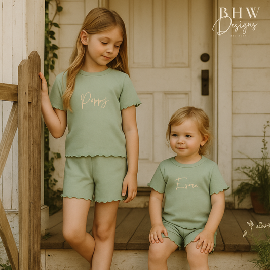 Girl's Ribbed T-shirt and Short Set - Sage Green