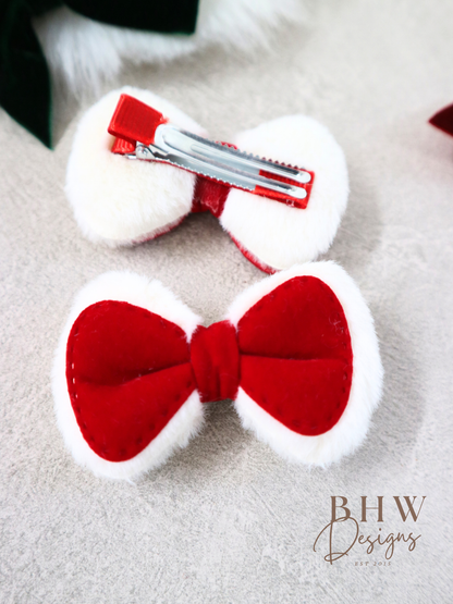 Red & White Hair Bow and Pom Pom Clip Set
