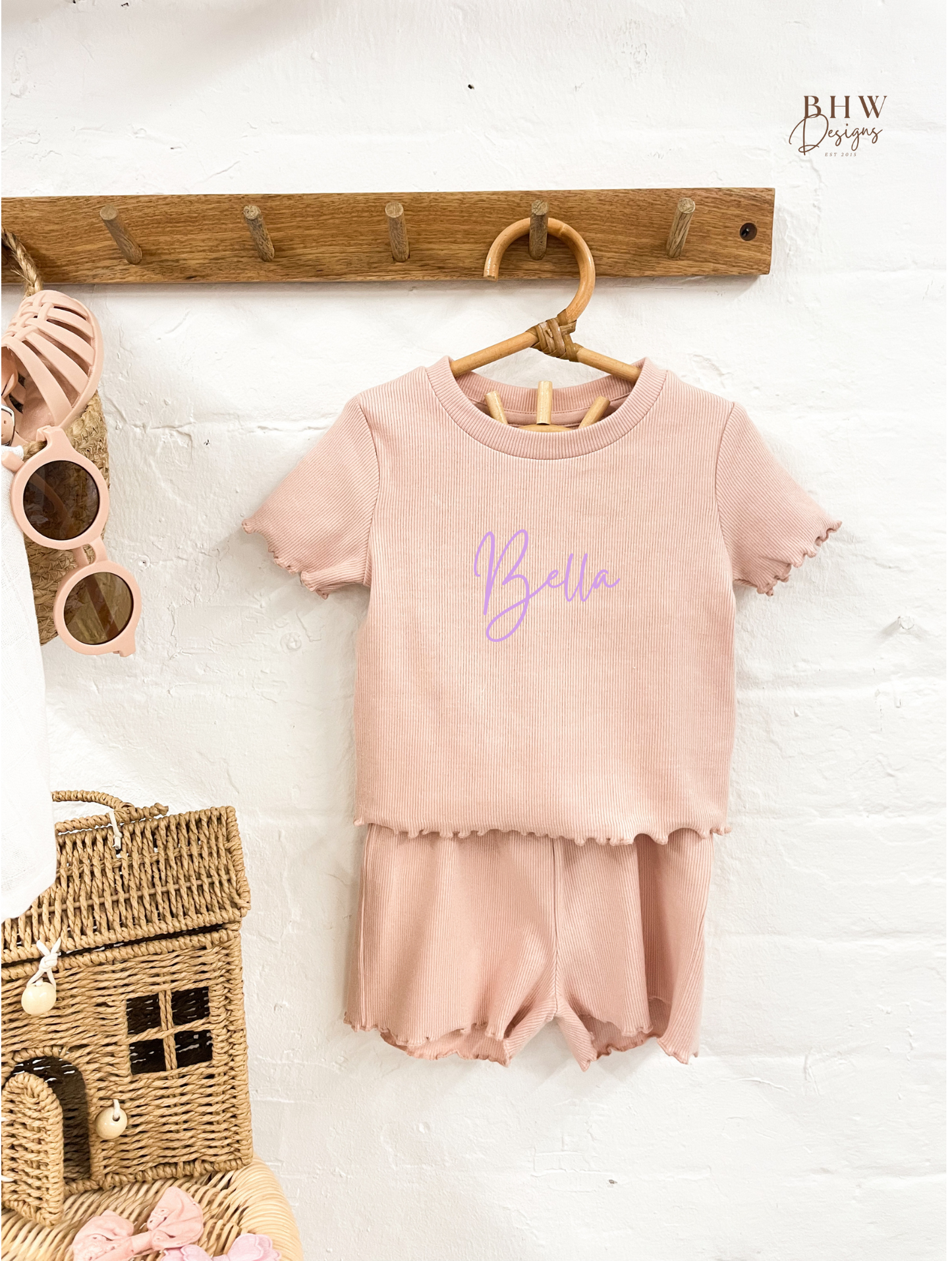 Girl's Ribbed T-shirt and Short Set - Blush Pink