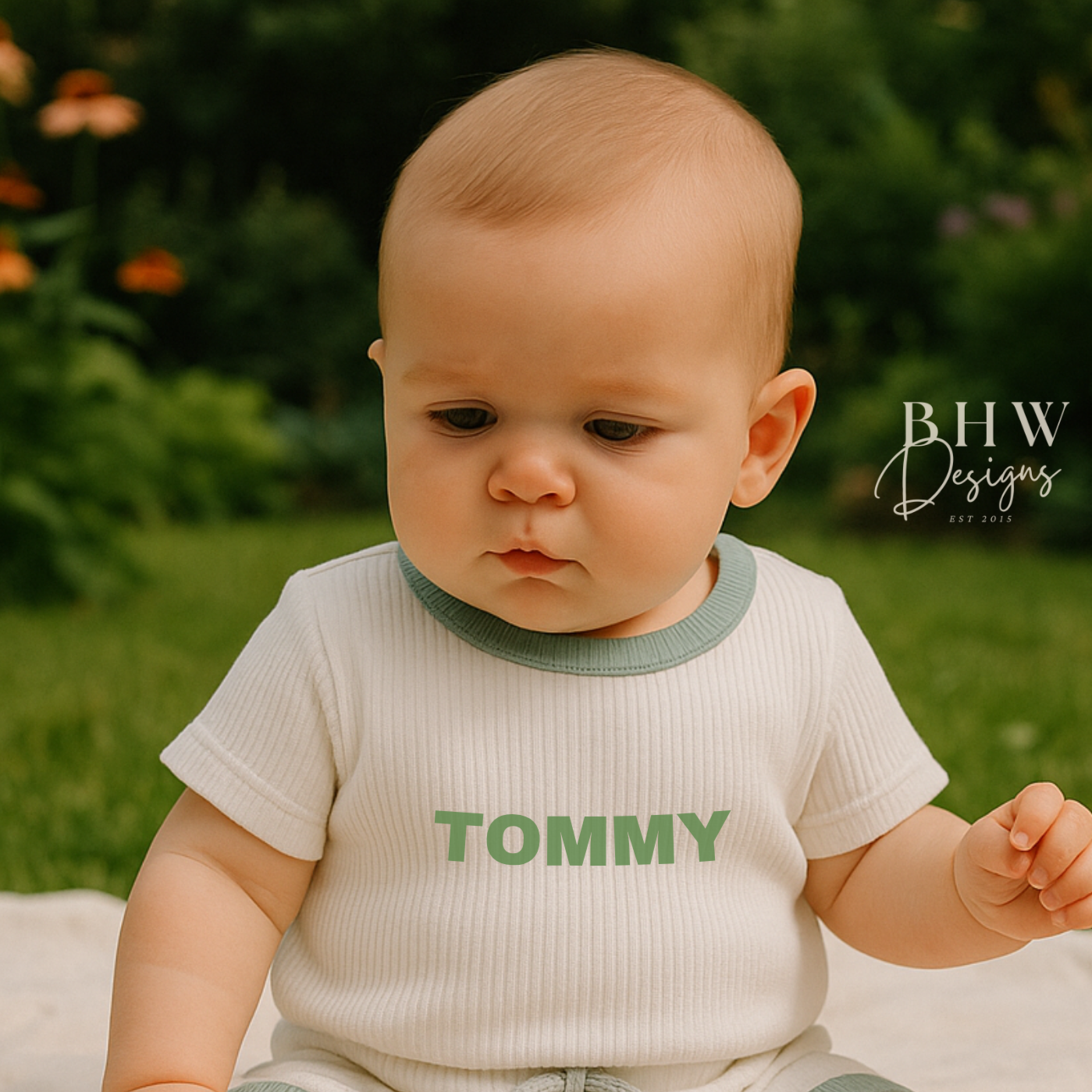 Baby wearing a ribbed white shirt with contrast sage green trim and  'Tommy' printed on the front. 