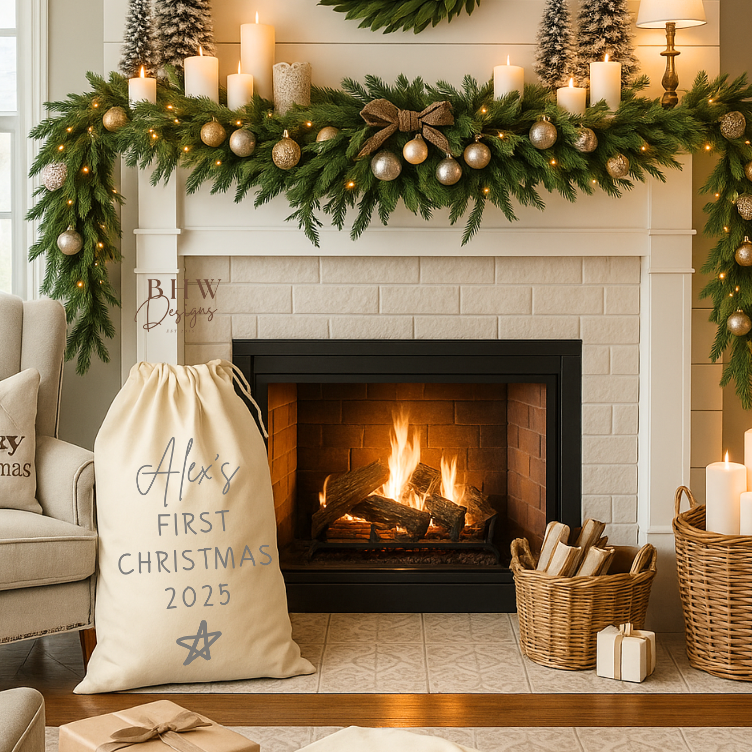 Decorated fireplace with Christmas garland, Cotton santa Sack Personalised with a name and my first Christmas 2025 in silver