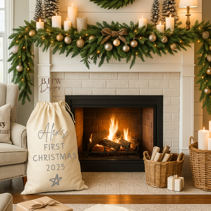 Decorated fireplace with Christmas garland, Cotton santa Sack Personalised with a name and my first Christmas 2025 in silver