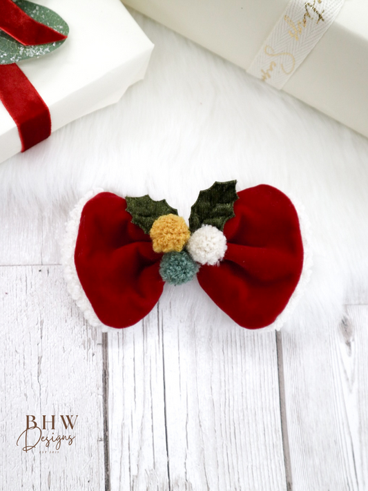 Red Velvet Pom Pom Hair Bow