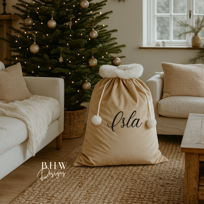 personalised beige velvet Santa sack  'Isla' on a living room floor next to a decorated Christmas tree.