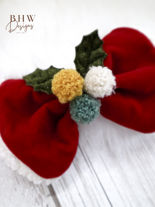 Red Velvet Pom Pom Hair Bow