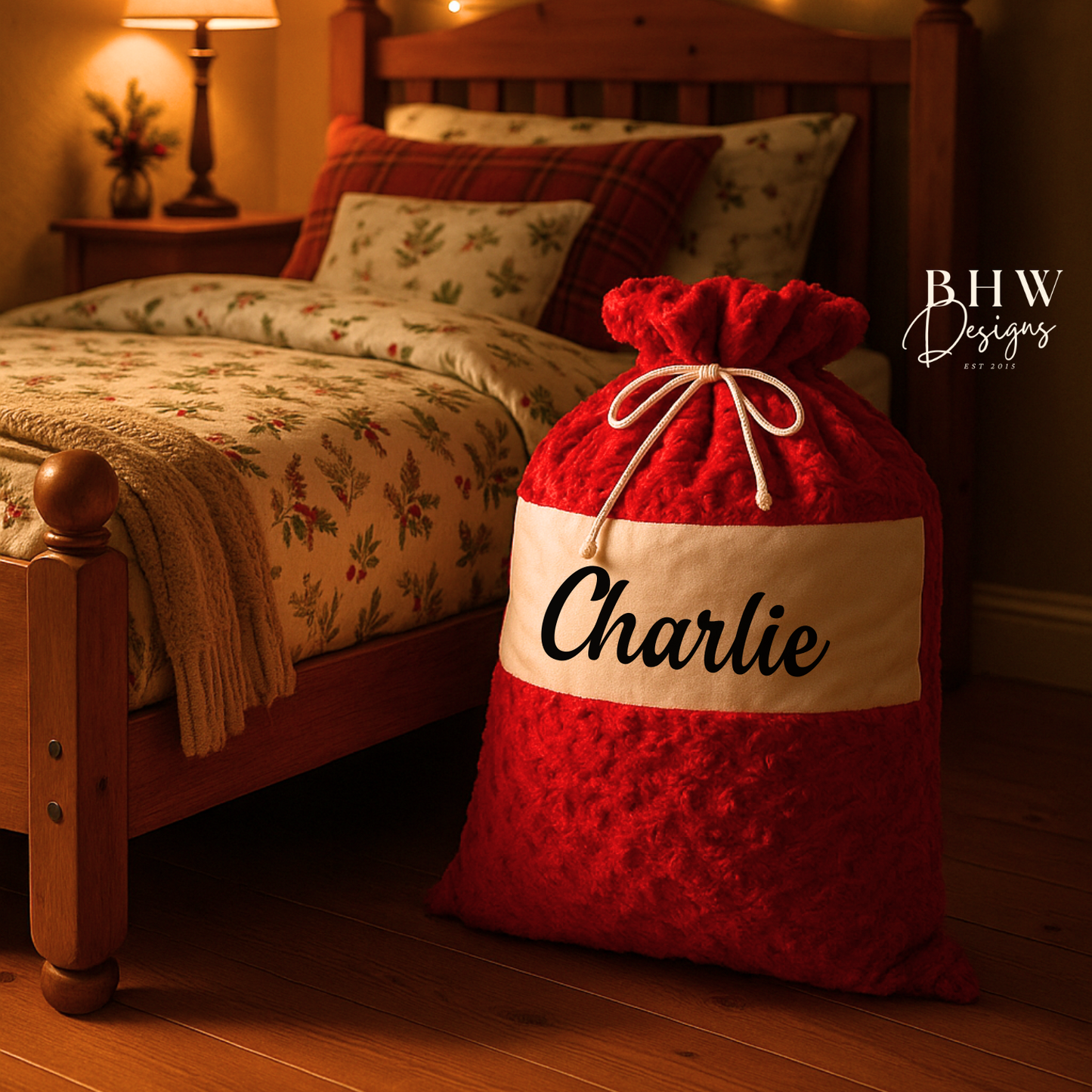 Red santa sack with Charlie in Black, in a Childs bedroom 