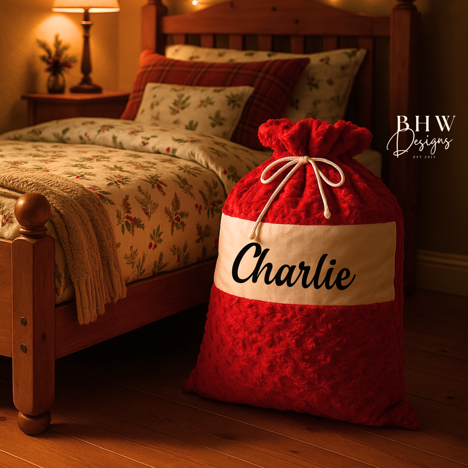 Red santa sack with Charlie in Black, in a Childs bedroom 