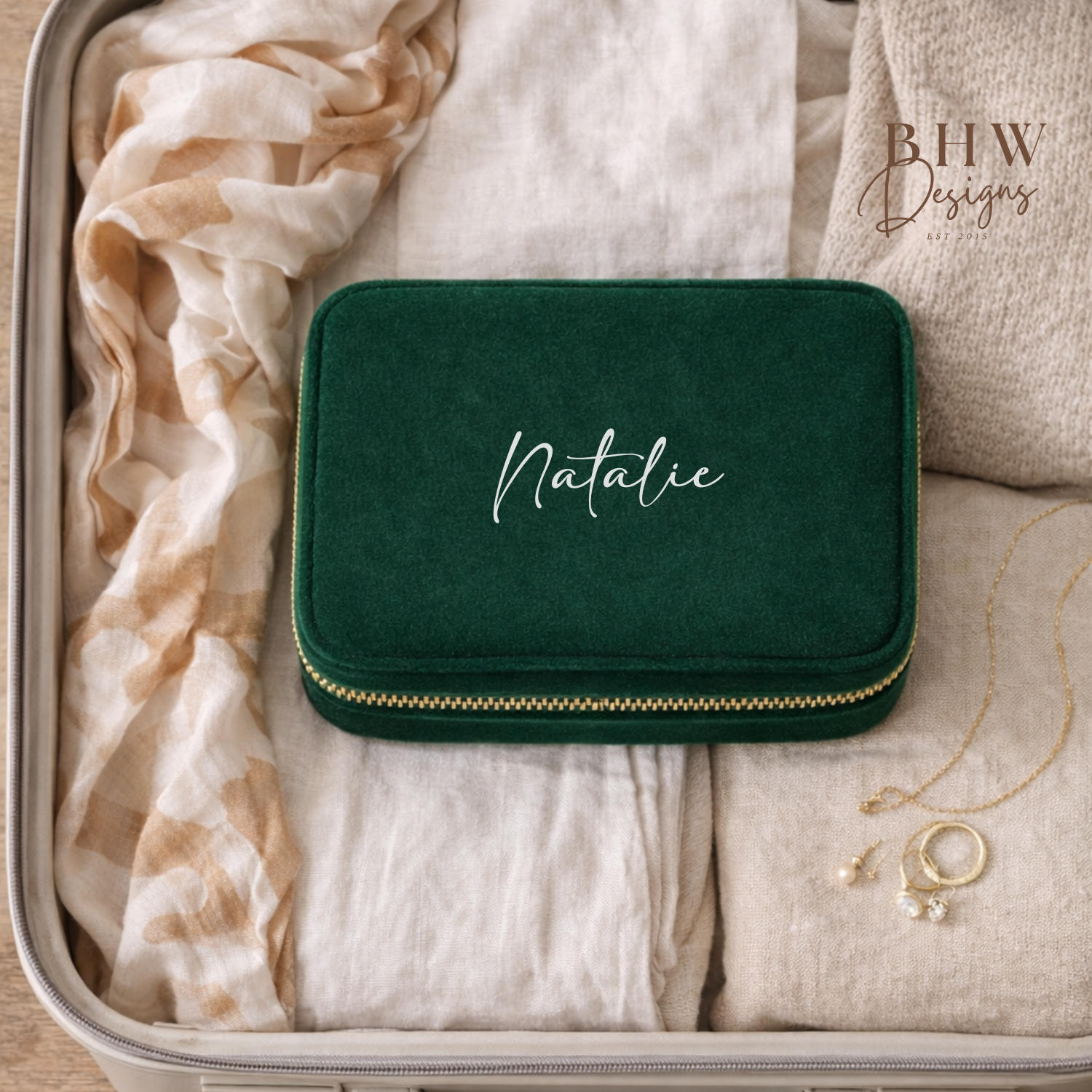 Green jewellery case with 'Natalie' on