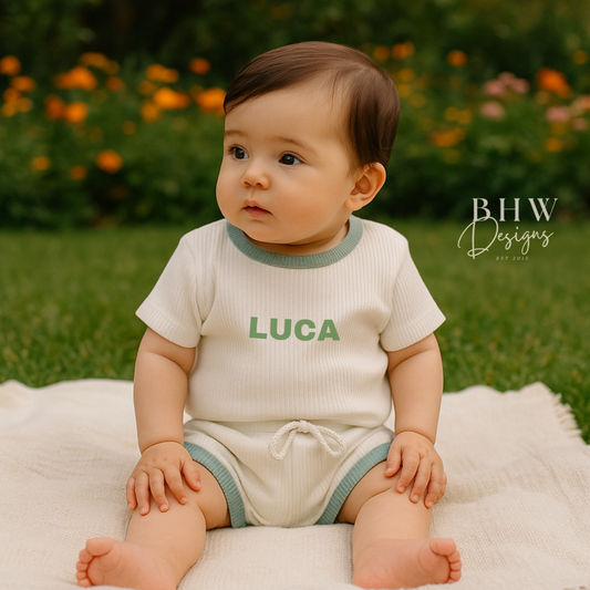Baby sitting on a blanket outdoors wearing a white ribbed outfit with sage green trim and  'LUCA' printed on the front in sage green