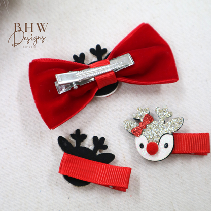 Reindeer Red Bow & Clip Set