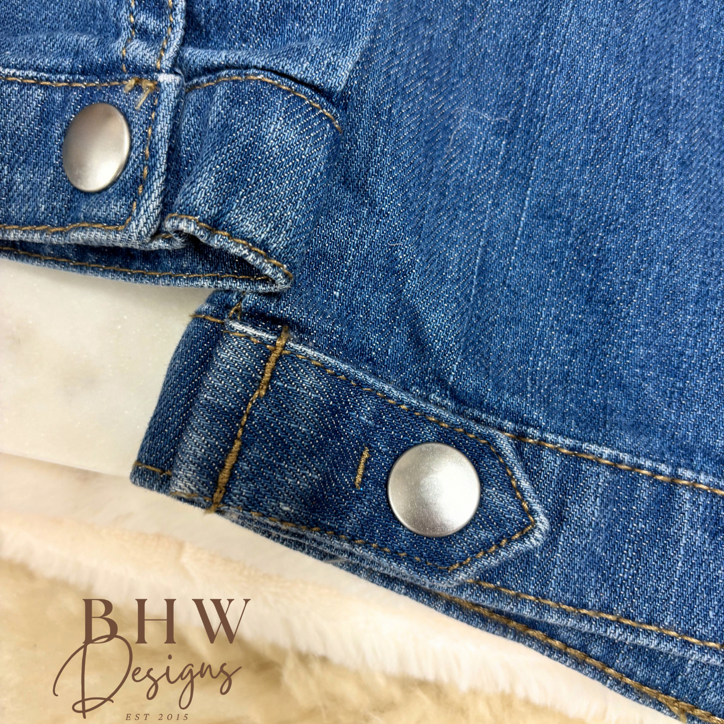 Close-up of a blue denim jacket with popers