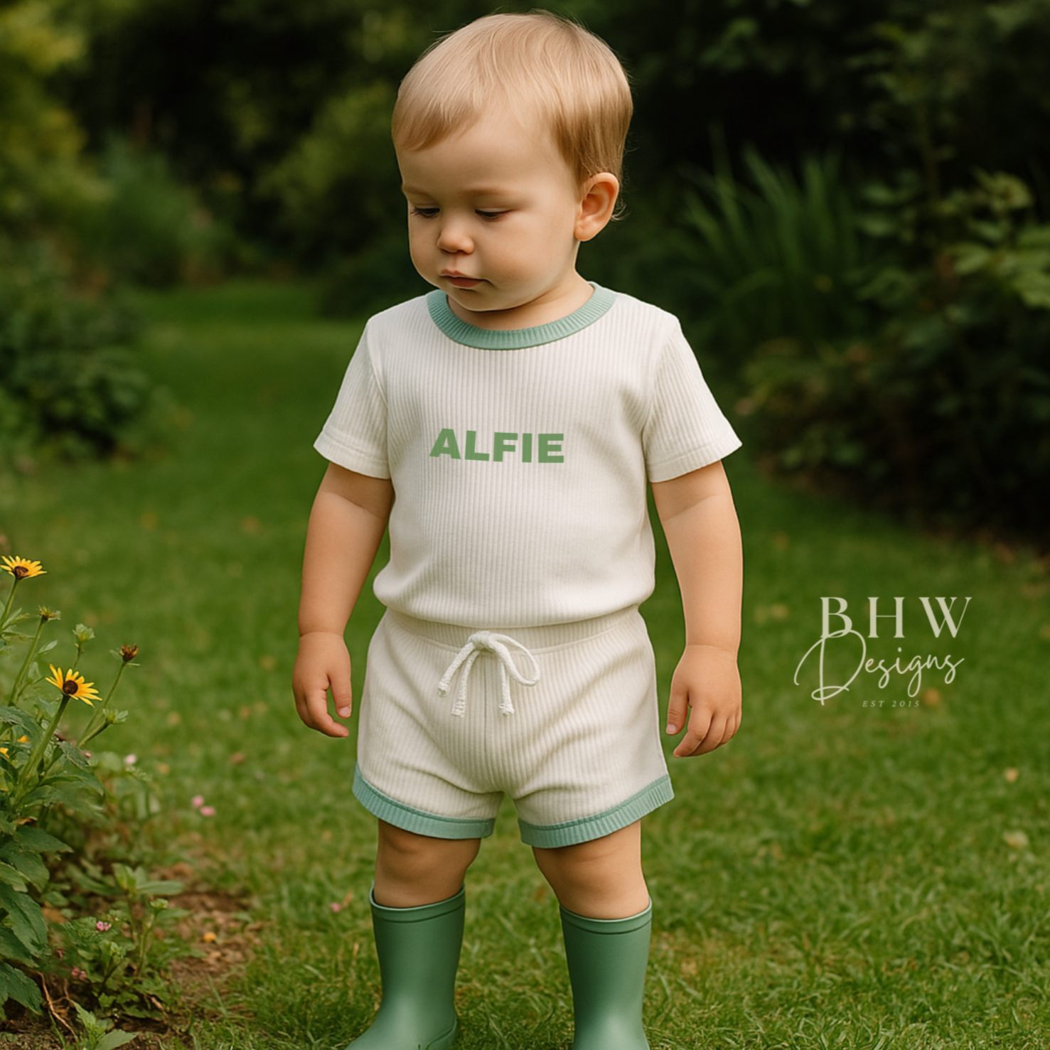 Child wearing a white ribbed outfit with 'ALFIE' printed on the front in sage green 