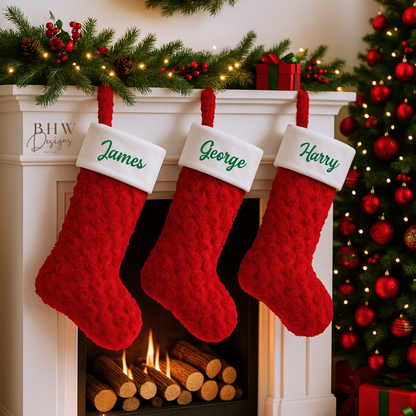 Three red Christmas stockings with names hanging on a fireplace decorated with a wreath and garland.