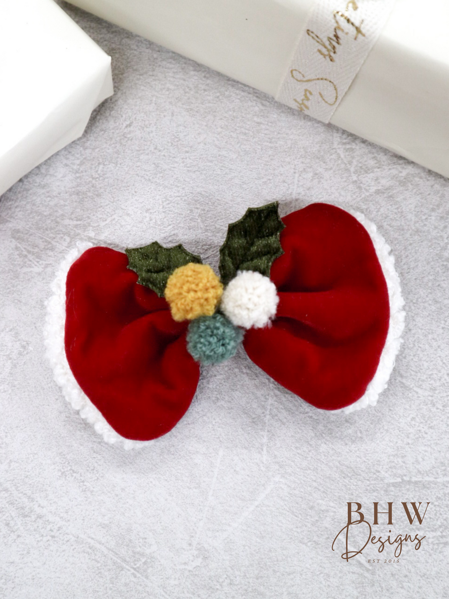 Red Velvet Pom Pom Hair Bow