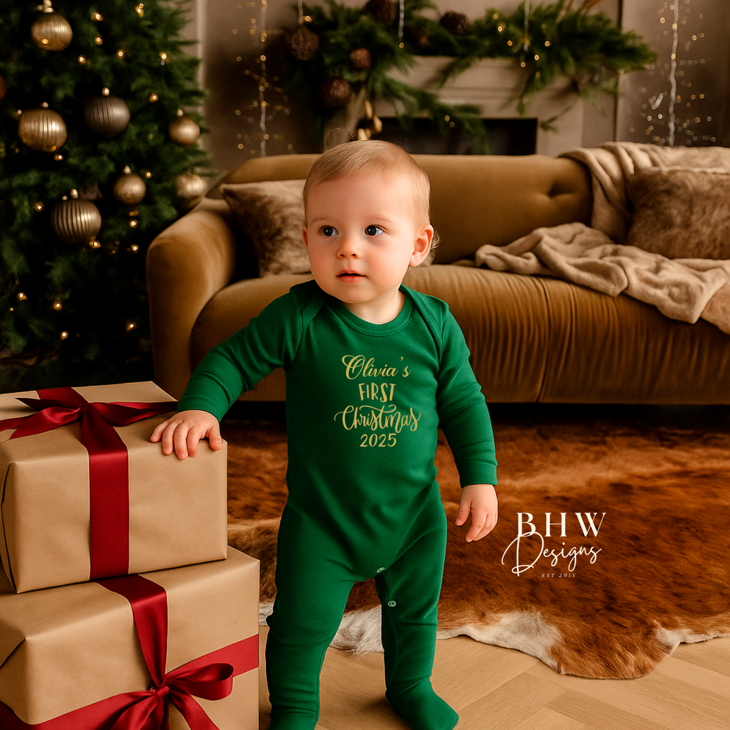 Child in green Christmas with Olivia's First Christmas 2025 On the front in Gold