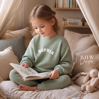 Child reading a book in a cozy room wearing sage green waffle loungewear with Sophia printed on it 