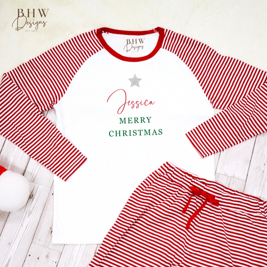 Women's Personalised Red and White Stripe Pyjamas