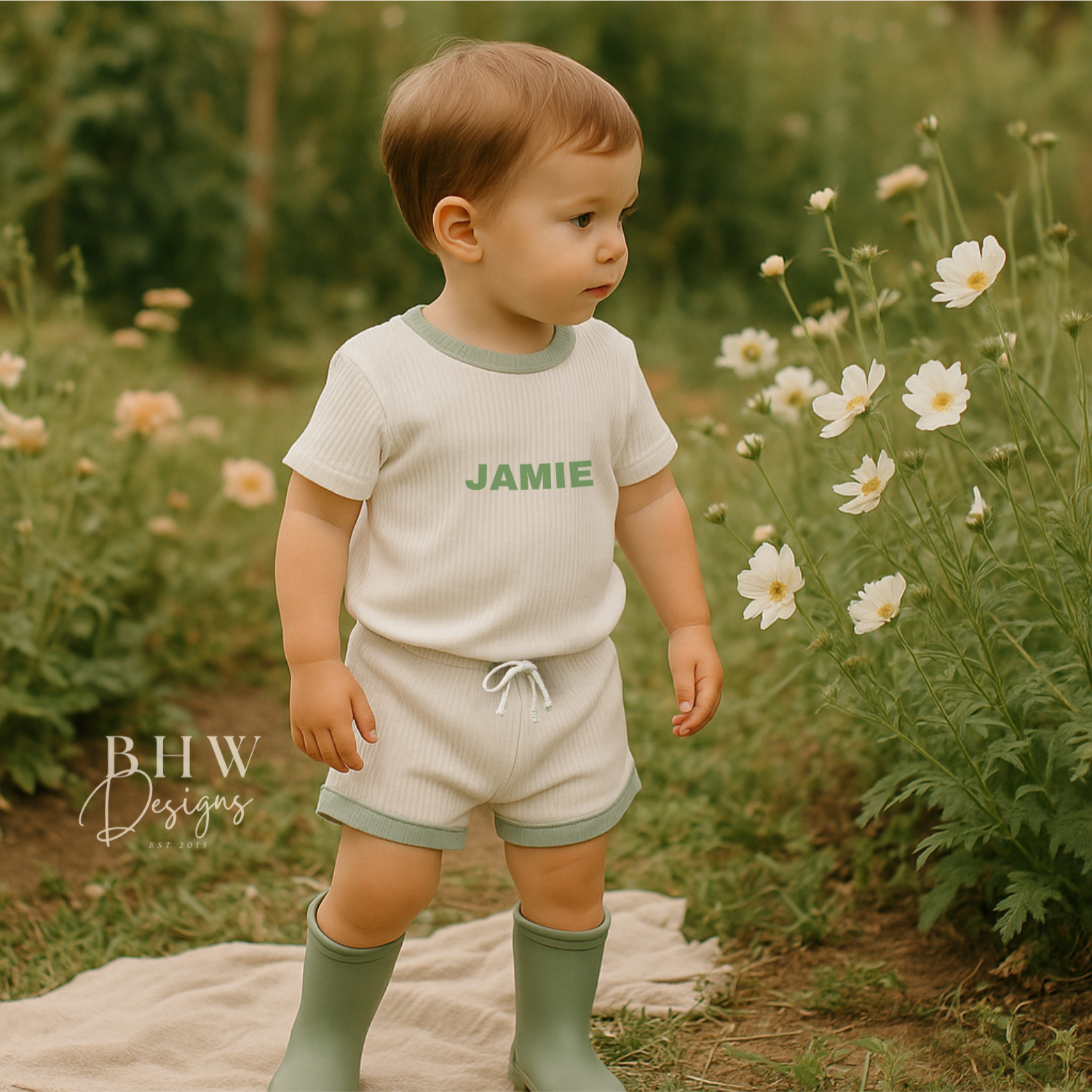 Child wearing a ribbed white outfit with 'JAMIE' printed on it in sage green 
