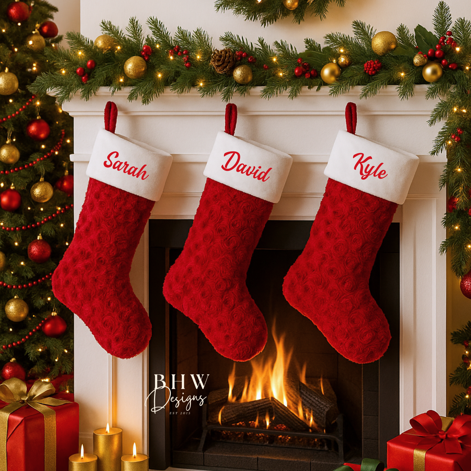Red Christmas stockings with names hanging above a fireplace, surrounded by festive decorations.