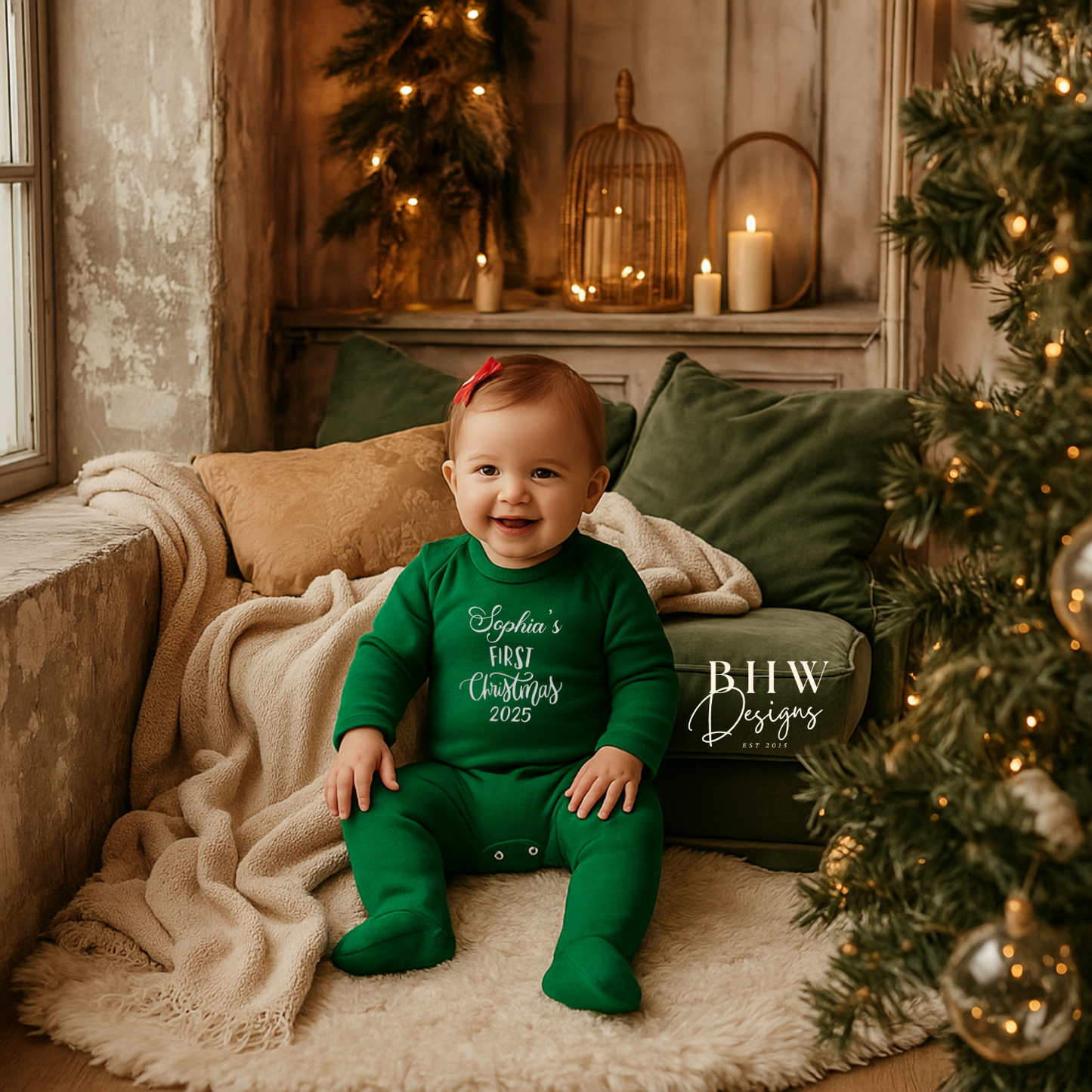 Baby in a green outfit with Sophia's First Christmas 2025 On the front in White