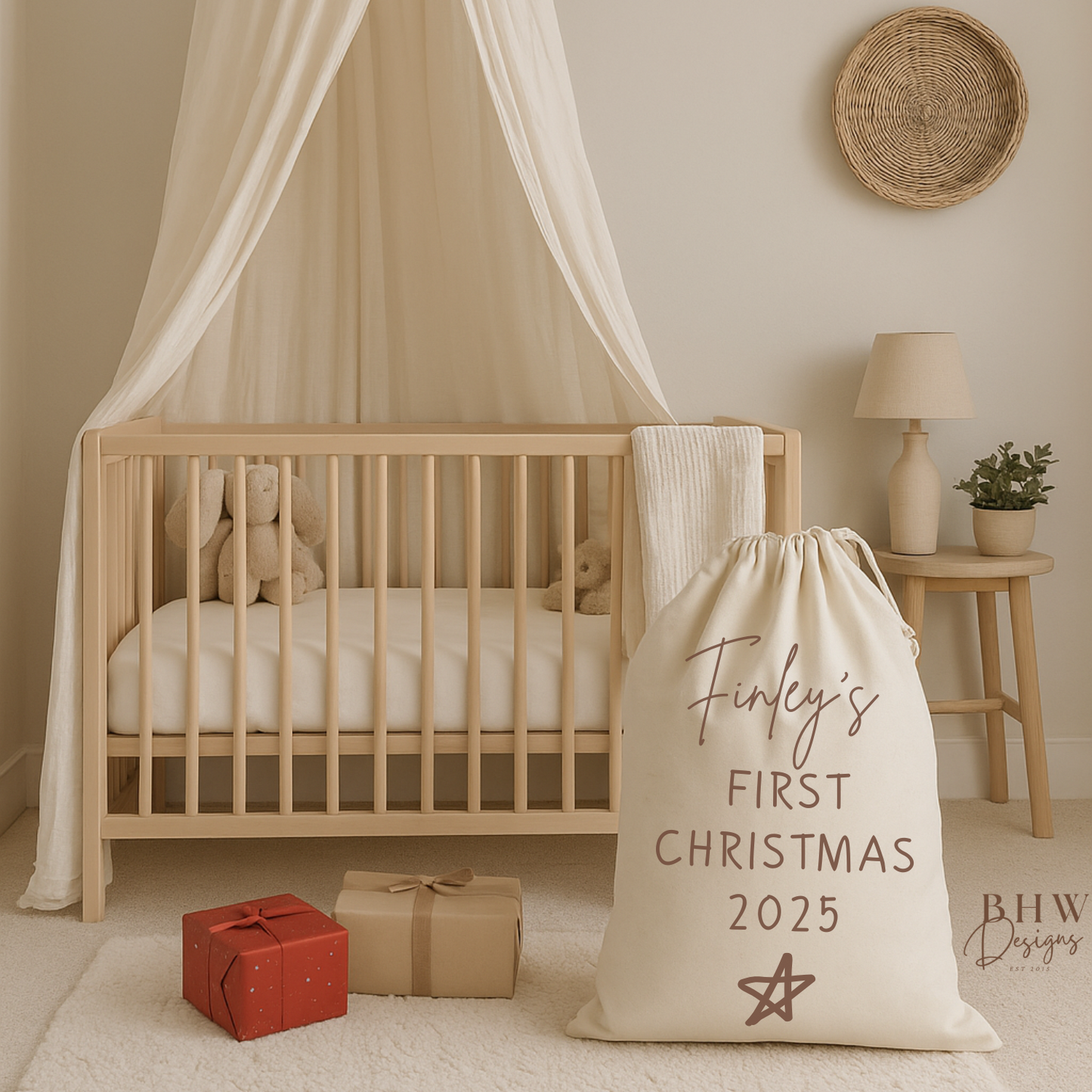 Nursery room with Cotton santa Sack Personalised with a name and my first Christmas 2025 in Brown 