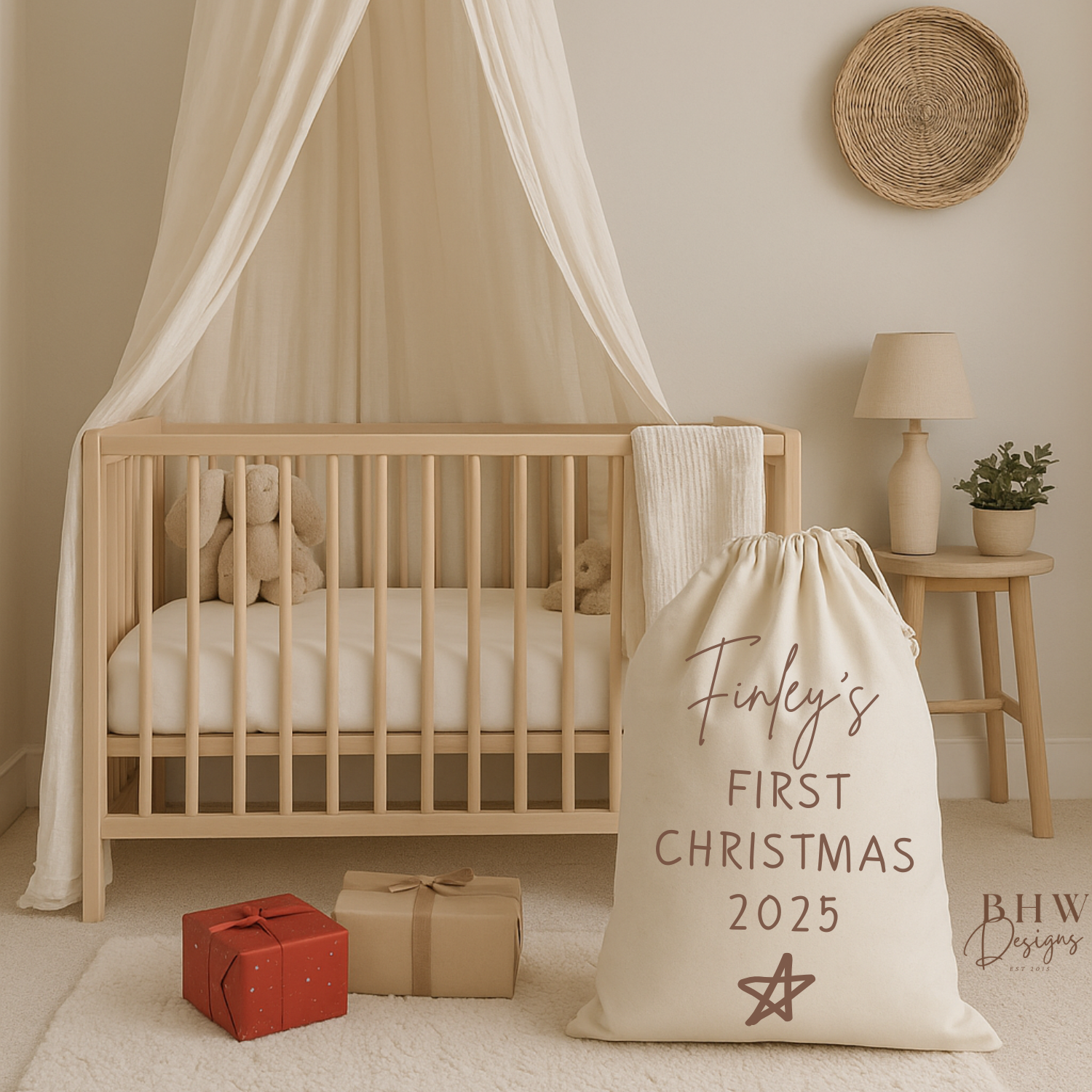 Nursery room with Cotton santa Sack Personalised with a name and my first Christmas 2025 in Brown 