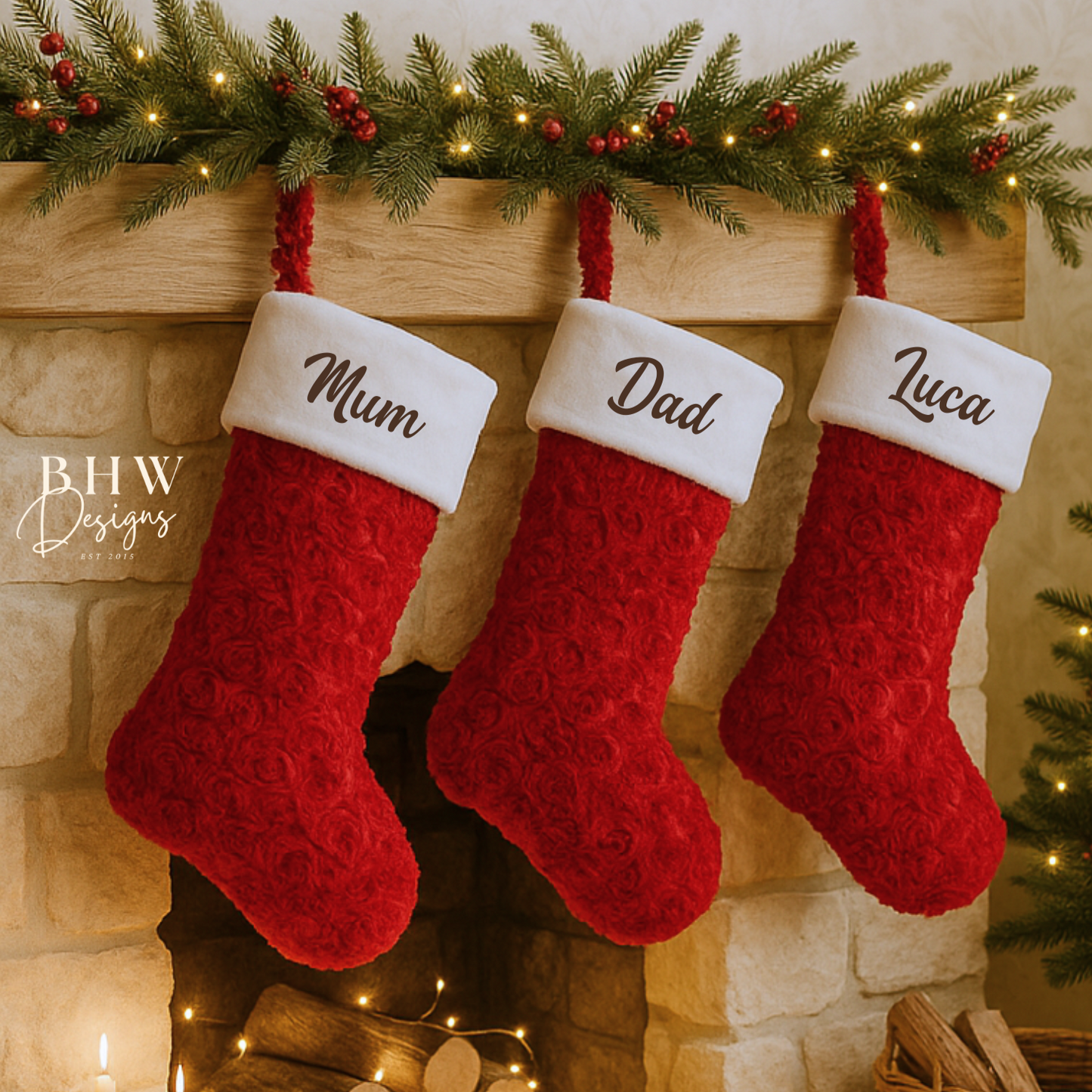 Three red Christmas stockings hanging on a fireplace mantel with personalized names.