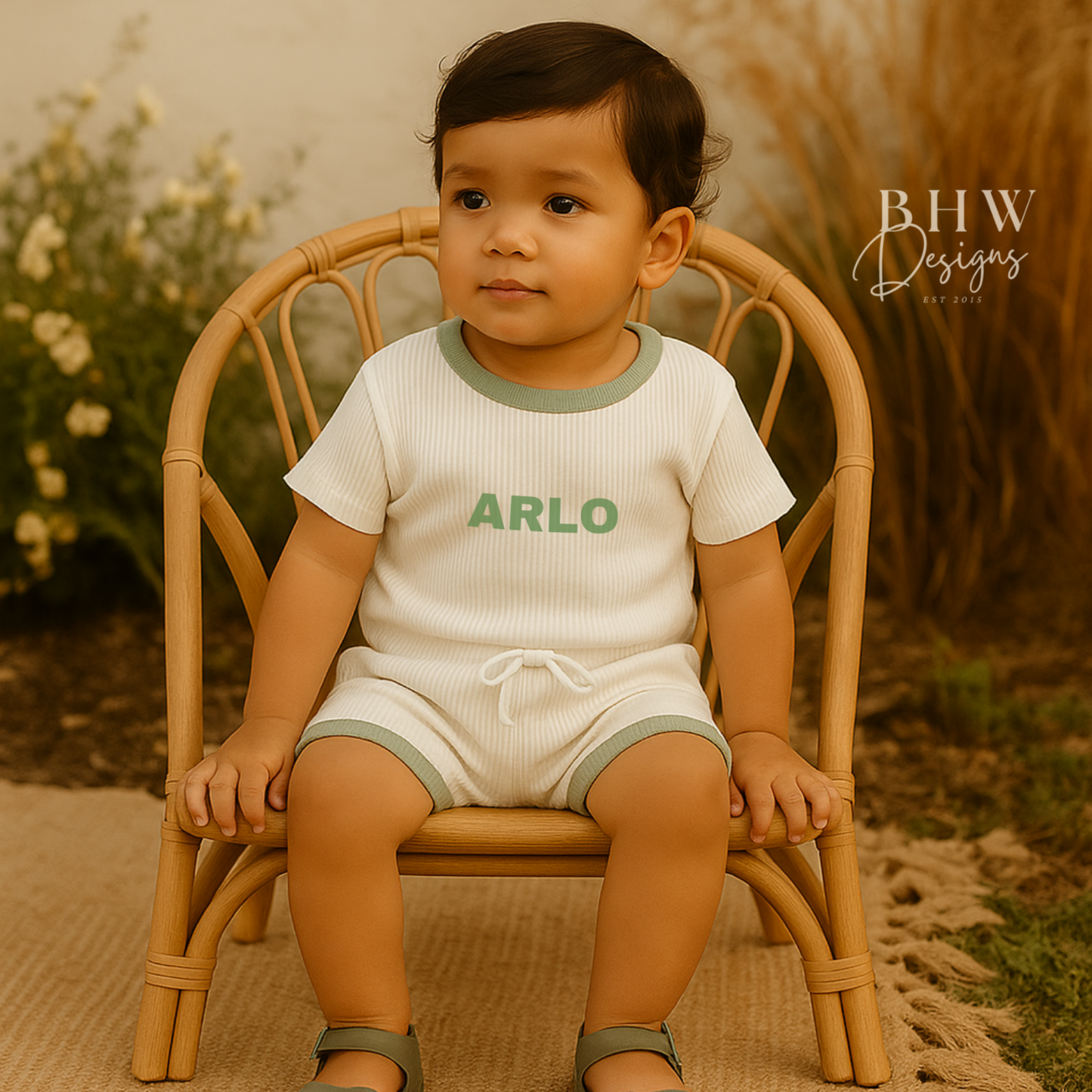 Child sitting on a wicker chair wearing a ribbed white clothing set with sage green trim with 'ARLO' on the front in sage green