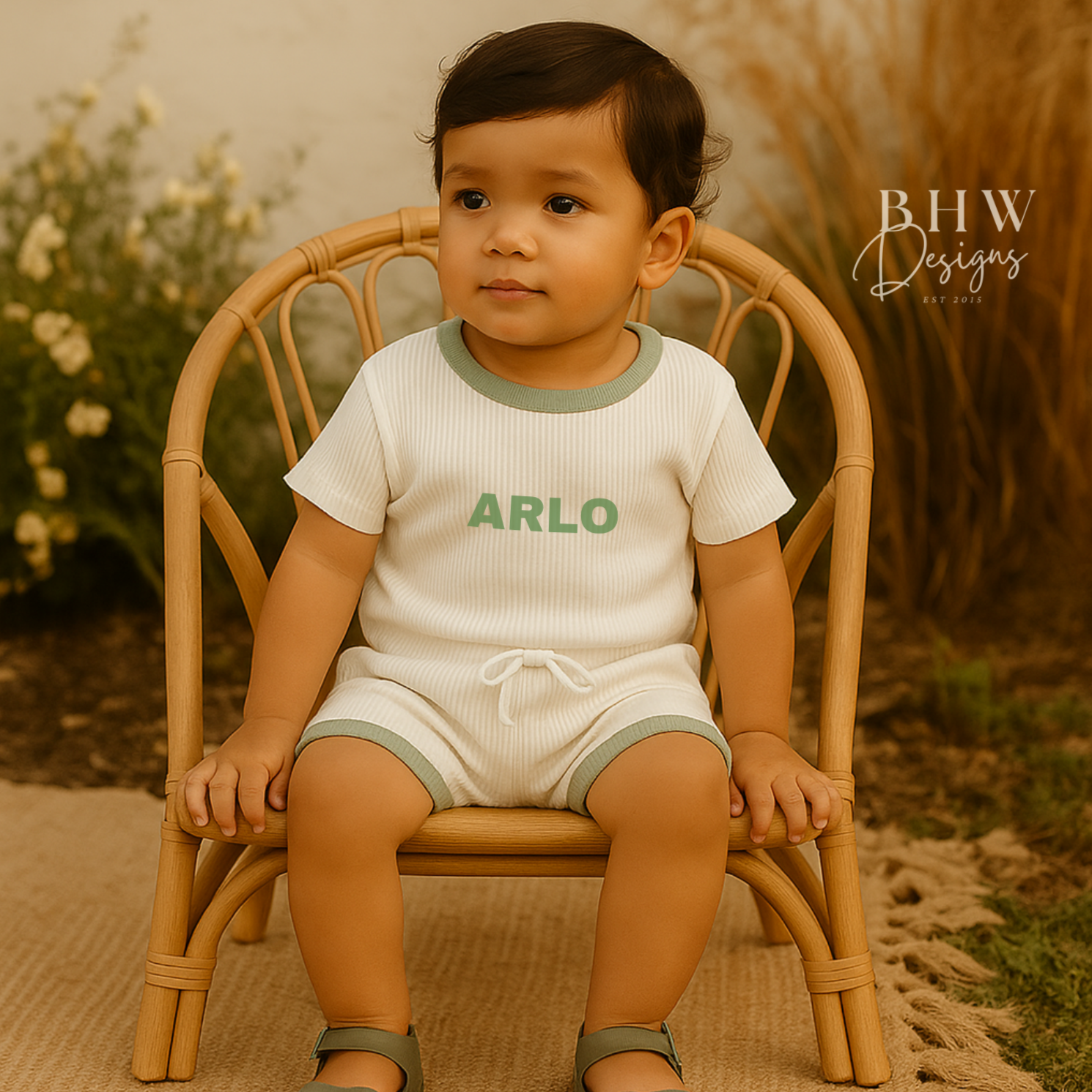 Child sitting on a wicker chair wearing a ribbed white clothing set with sage green trim with 'ARLO' on the front in sage green