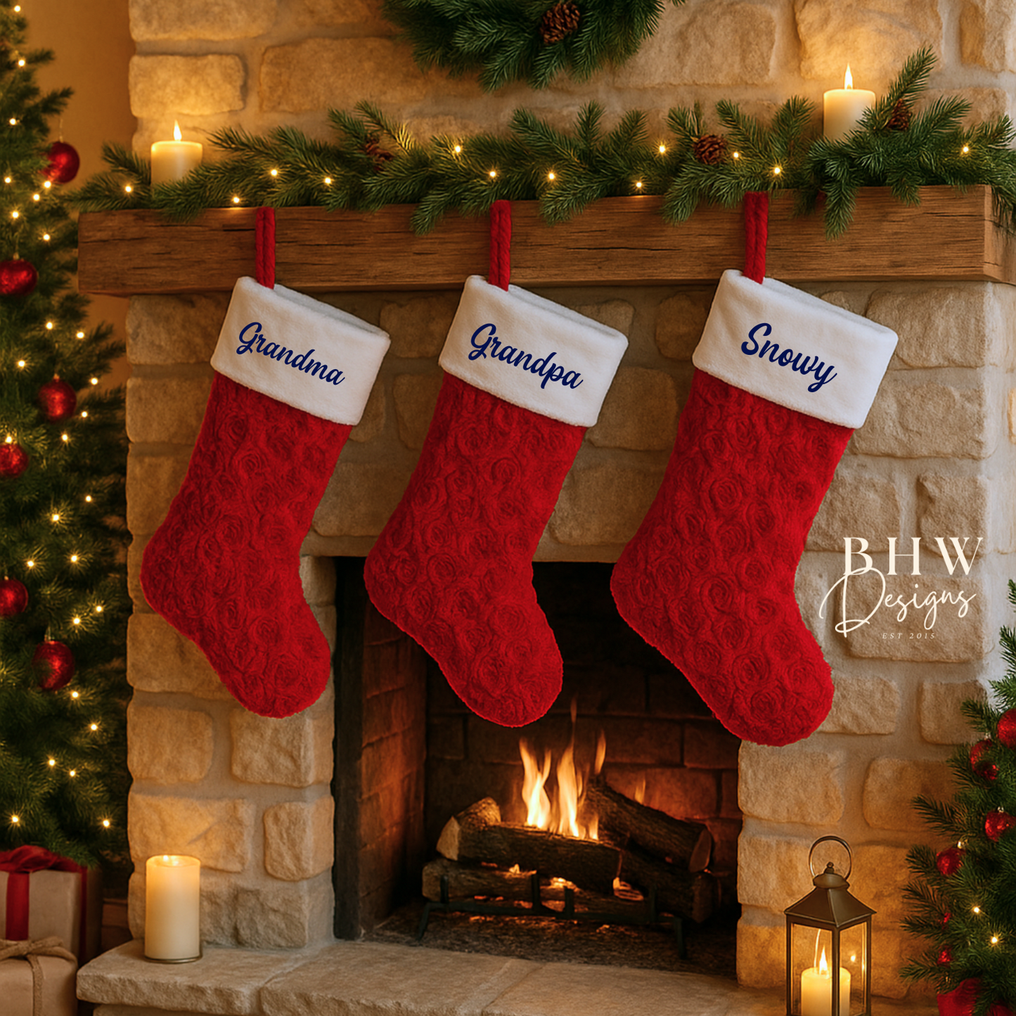 Three red Christmas stockings hanging above a fireplace with a wreath and garland on the mantel.