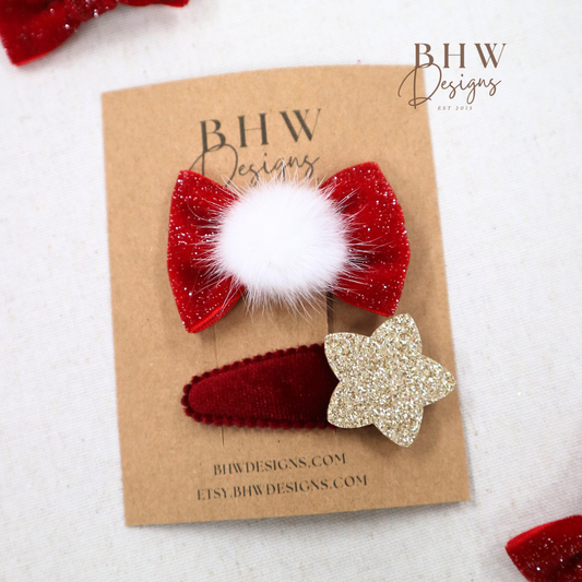 Red Bow and Star hair Clip set