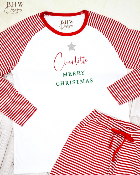 Women's Personalised Red and White Stripe Pyjamas