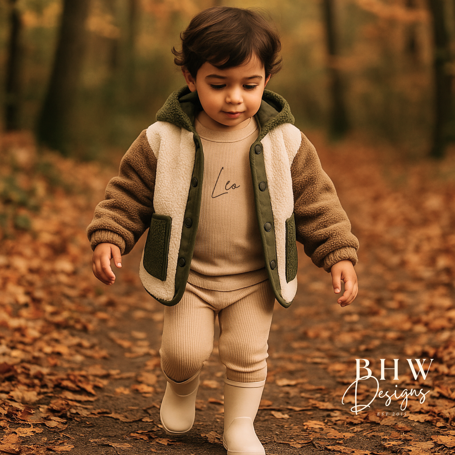 Child in a forest wearing a ribbed personalised beige outfit 