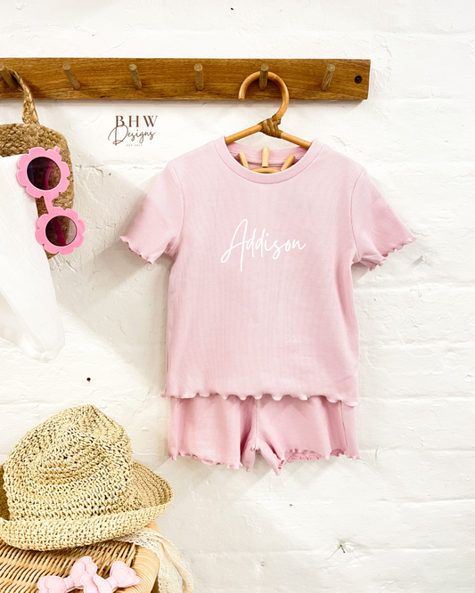 Girl's Ribbed T-shirt and Short Set - Baby Pink
