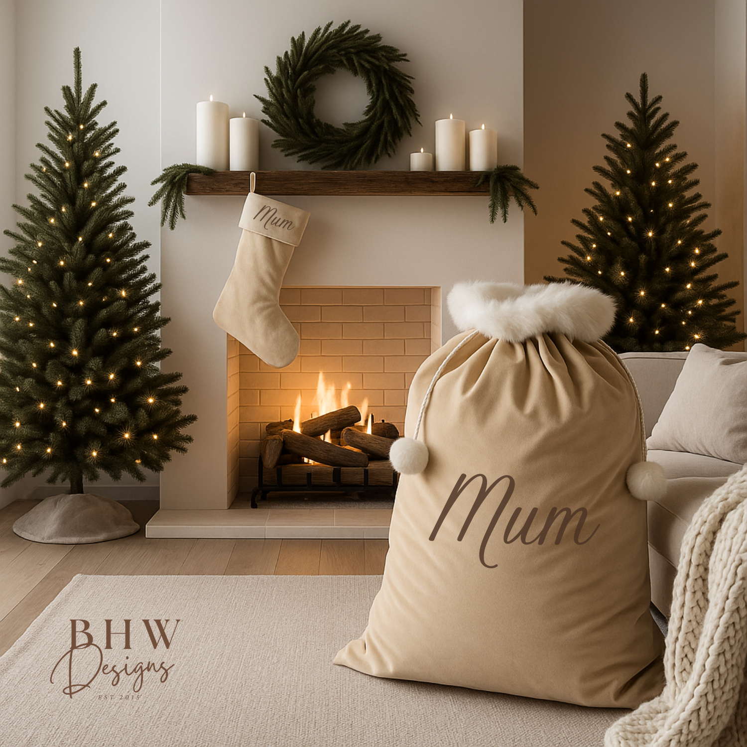 Cozy living room with Christmas decorations, including a fireplace, personalised beige velvet Santa sack and stocking