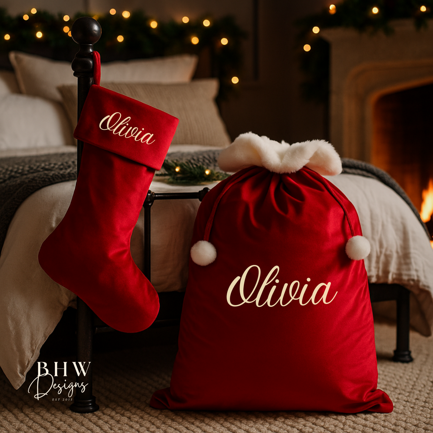 Red Christmas stocking and sack with 'Olivia' 