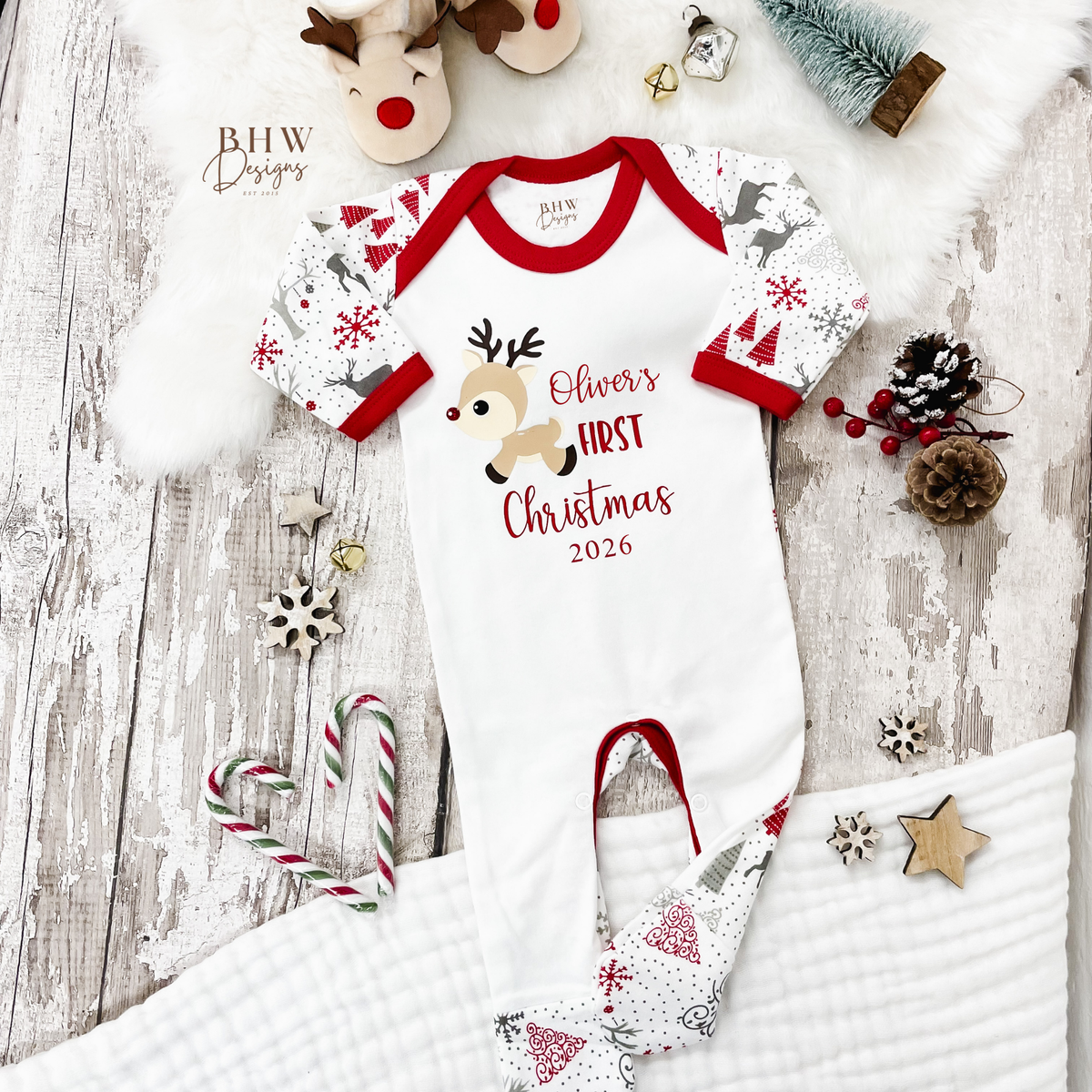 Personalised First Christmas 2026 Reindeer Bodysuit