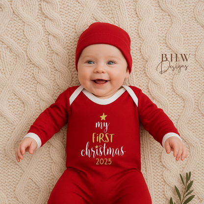 Baby wearing a red 'My First Christmas 2025' outfit 