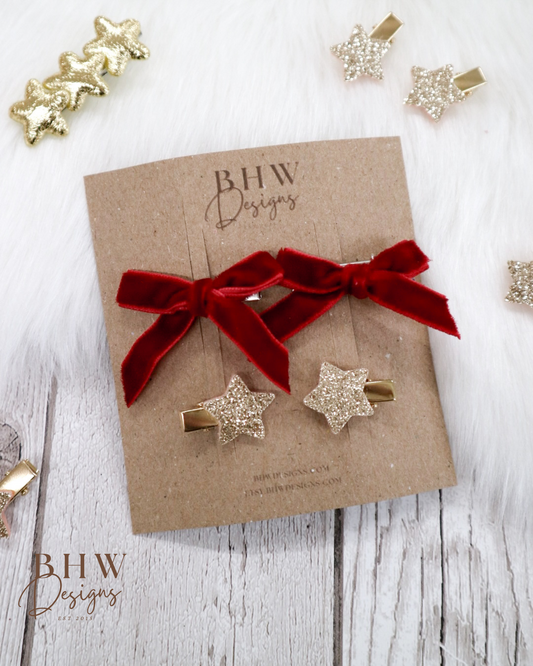 Mini Red Velvet Star Hair Bow Set