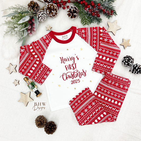 Personalised First Christmas red fair isle Pyjamas